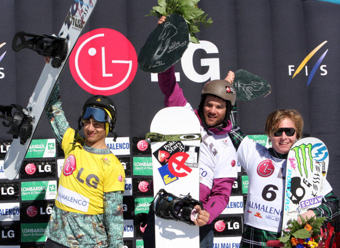Podium Men, Snowboard Cross, Valmalenco, Italy, from left to right: 2nd Jonathan Cheever (USA), 1st Alberto Schiavon (ITA), 3rd Nate Holland (USA)