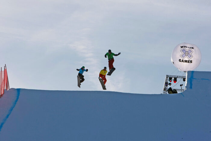 January 30, 2010-Aspen,CO-Buttermilk Mountain:
Nate Hollan leads Scott Westcott and Alberto Schiavon to the finish in Snowboarder X Men's  at X Games 14.